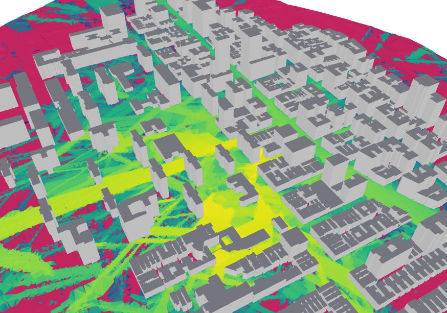 Coverage map (path gain) rendered over the COSMOS scene